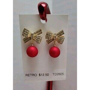SALE CHRISTMAS ELEGANT RED ORNAMENT GOLD RHINESTONE BOW DANGLE EARRINGS